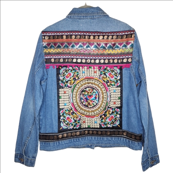DENIM CO EMBROIDERY BOHO FESTIVAL OVERSIZE STATEMENT JEAN JACKET SIZE SMALL 4/6 - Picture 4 of 15
